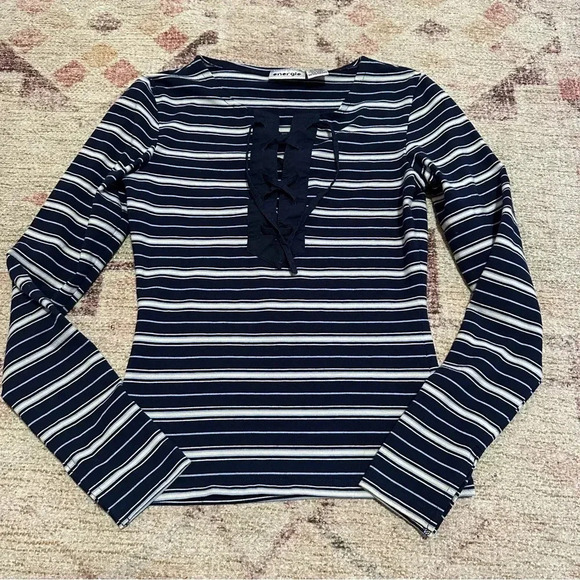 Y2K Energie Navy and white striped long sleeve top lace up detail size medium - Picture 3 of 11